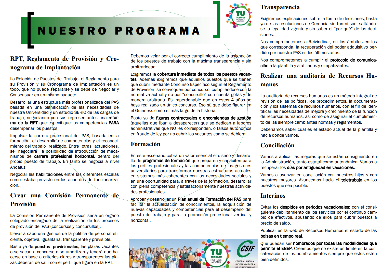Programa electoral de CSIF para las elecciones a Junta de Personal de Administración y Servicios
