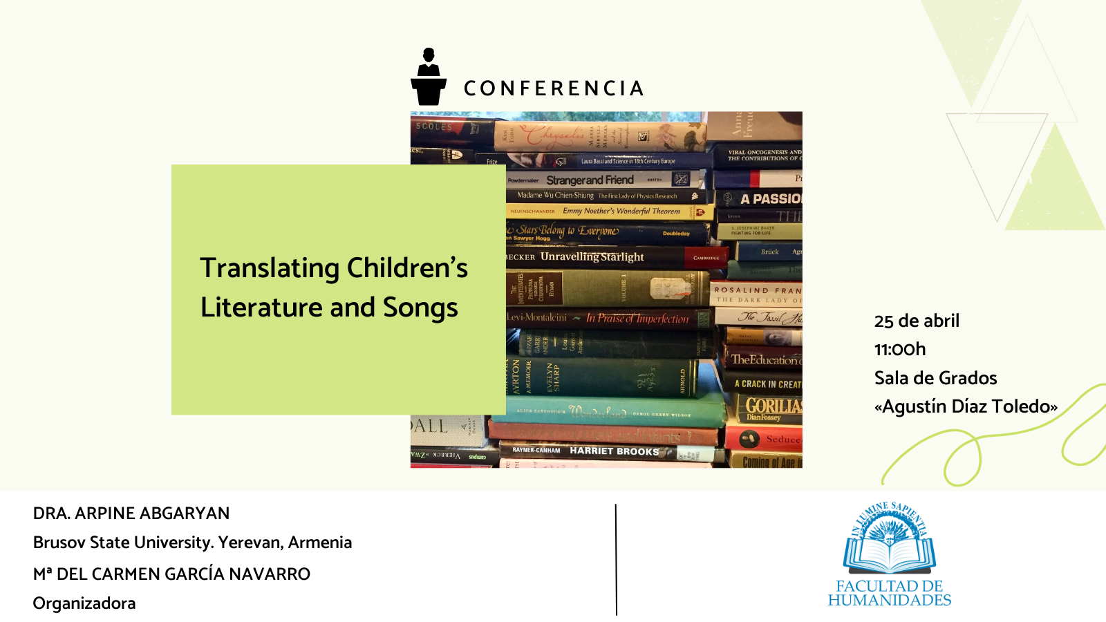 La Facultad de Humanidades y Mª del Carmen García Navarro organizan la conferencia: «Translating Children’s Literature and Songs».