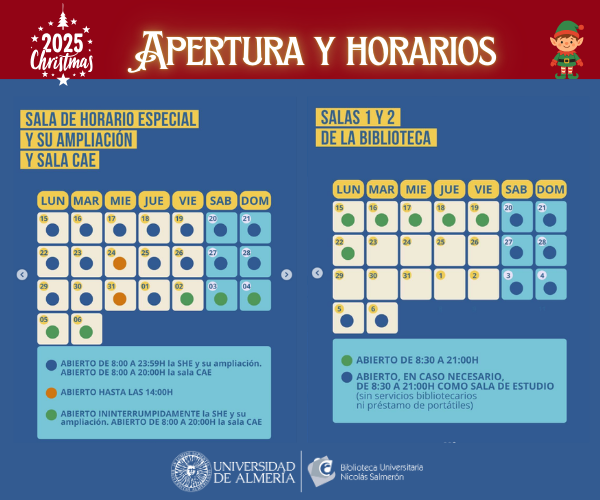 APERTURA Y HORARIOS de las salas de estudio en Navidad