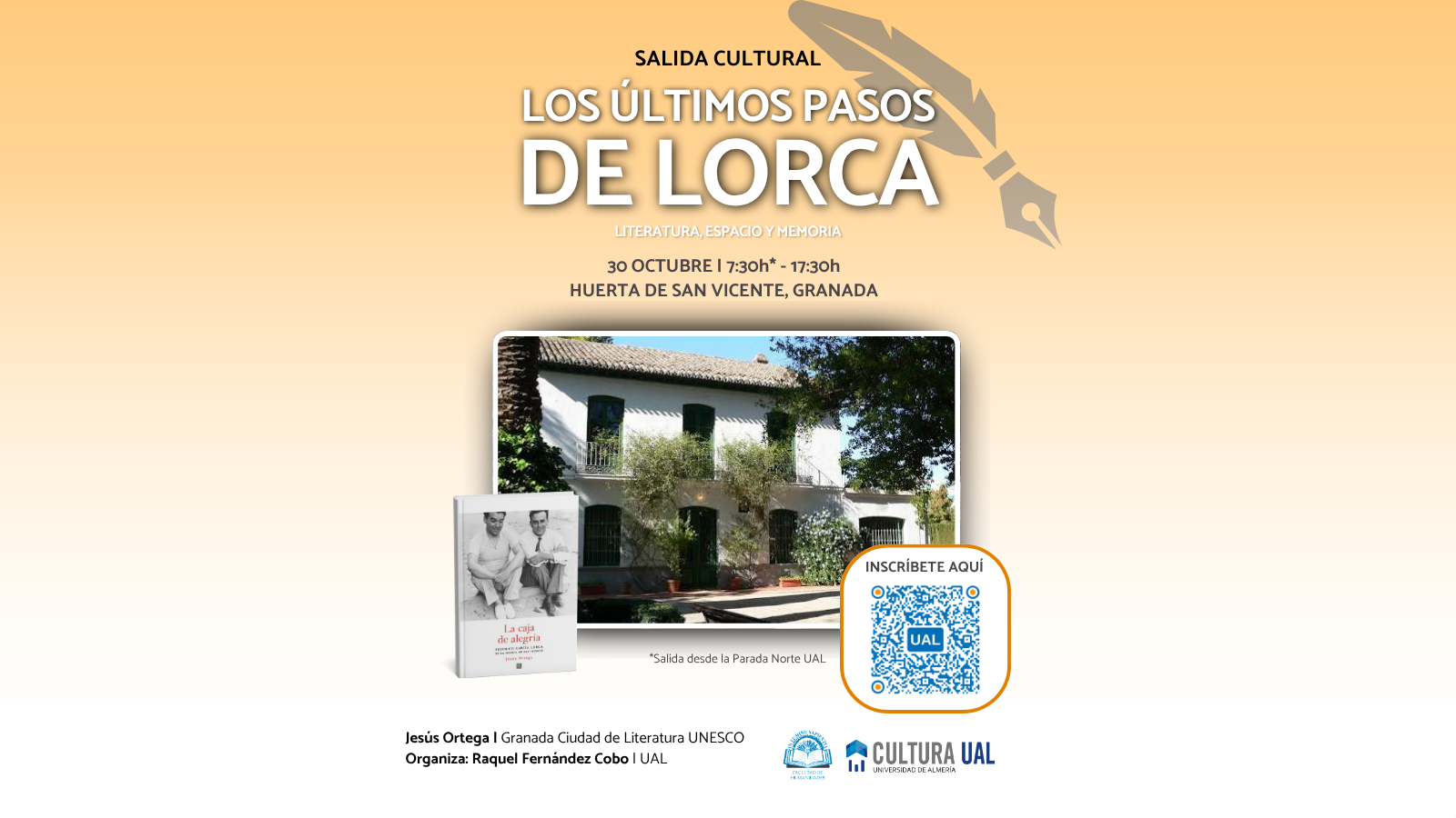 🗣️ La Facultad de Humanidades junto a Cultura UAL organizan la salida cultural “Los últimos pasos de Lorca, literatura, espacio y memoria” de la mano de Jesús Ortega. La actividad tendrá lugar el próximo viernes 30 de octubre de 7:30 a 17:30h con destino Huerta de San Vicente, Granada. 