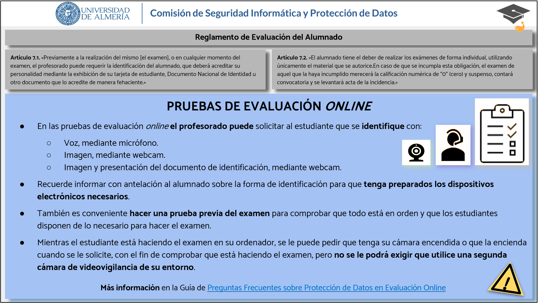Instrucciones de protección de datos para las pruebas de evaluación online