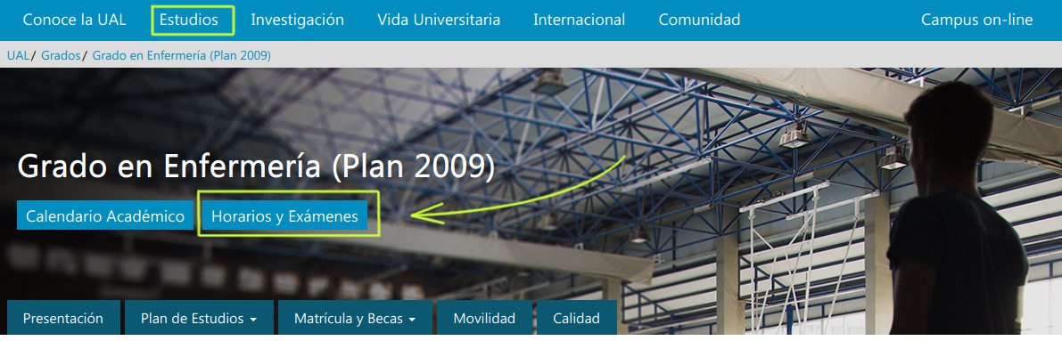 Localización de enlace a Horarios y exámenes