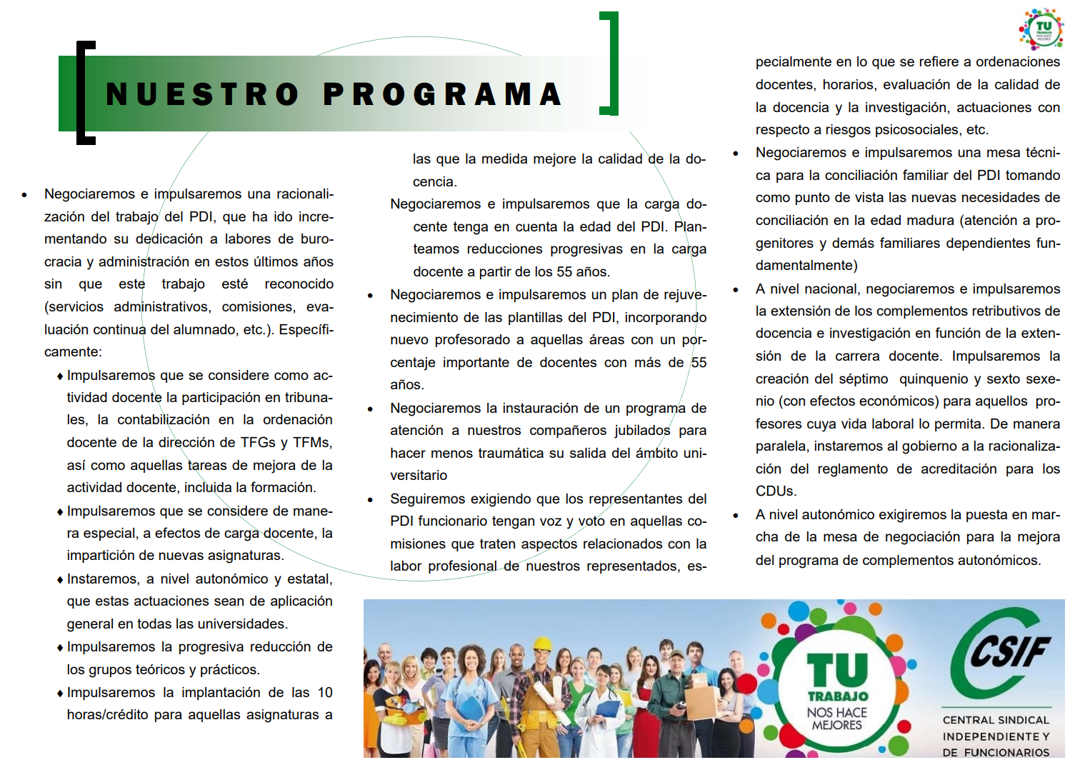 Programa electoral de CSIF para las elecciones a Junta de Personal Docente e Investigador